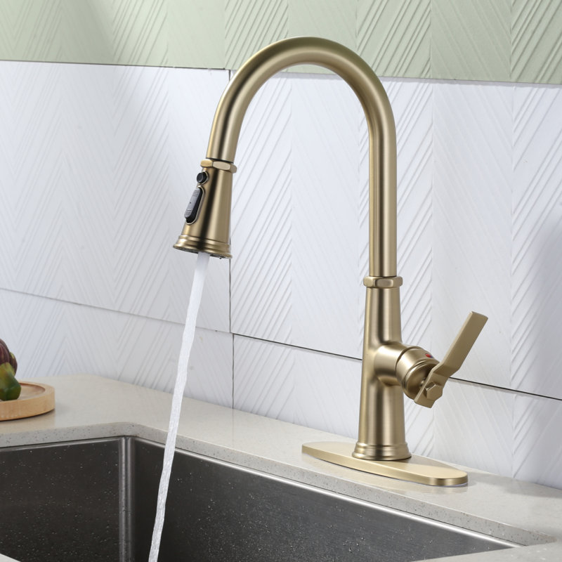Stainless Steel 3-Function Single Handle Pull Down Kitchen Faucet With Deckplate, Gold