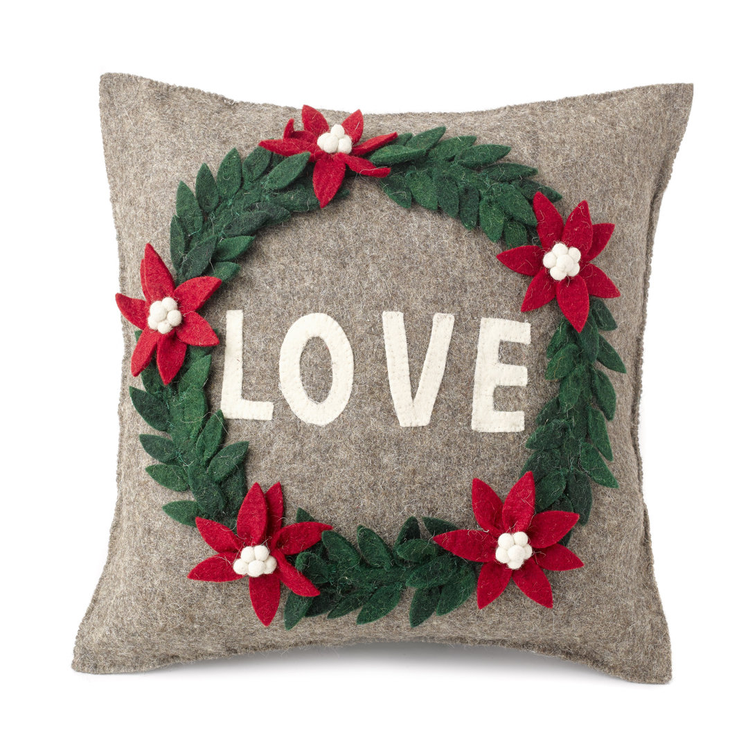 Handmade Pillow in Hand Felted Wool - LOVE Wreath on Gray - 20" Arcadia Home