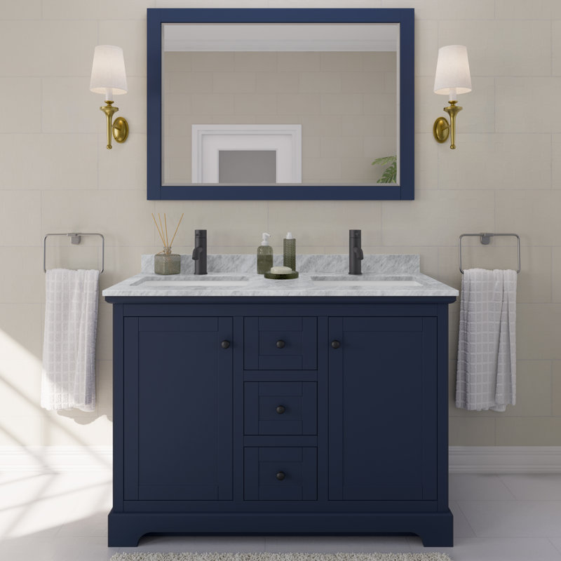 Avery 48'' Double Bathroom Vanity with Marble Top, Dark Blue, Matte Black