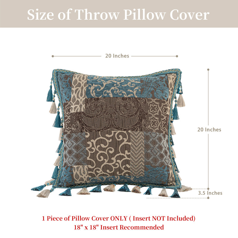Housse de coussin 1 pièce en patchwork bleu 20 po x 20 po, housse de coussin décoratif avec pampilles pour canapé, canapé, salon, chambre à coucher
