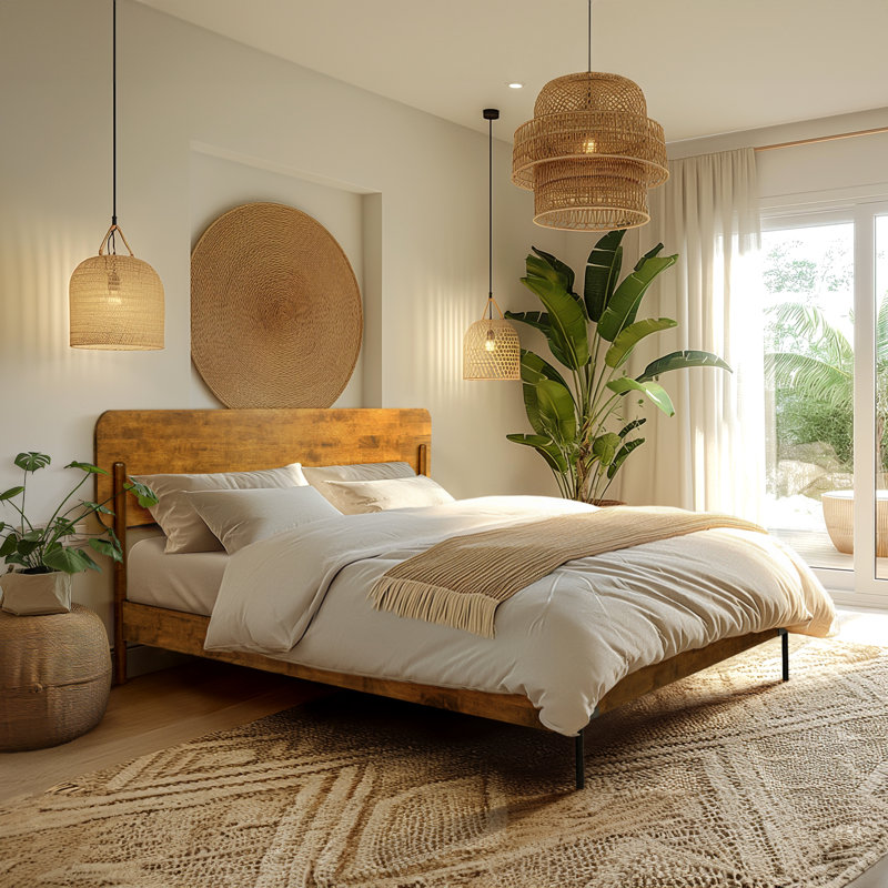 Frida King Scandinavian Solid Wood Bed Frame with Headboard, Noise-Free & Non-Slip, Caramel, King, Caramel