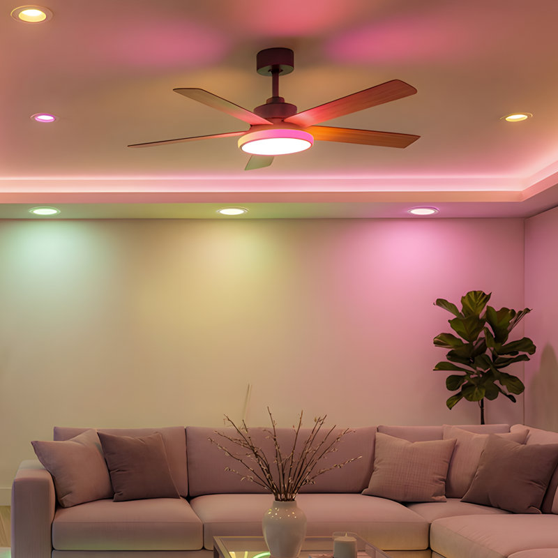 Lumary 52" Smart Ceiling Fan with RGBAI Lights Remote, WiFi Bluetooth Low Profile Ceiling Fan with Alexa/Google/App,Dimmable & Color Tuning, 5"/10" downrods Mount(Black)