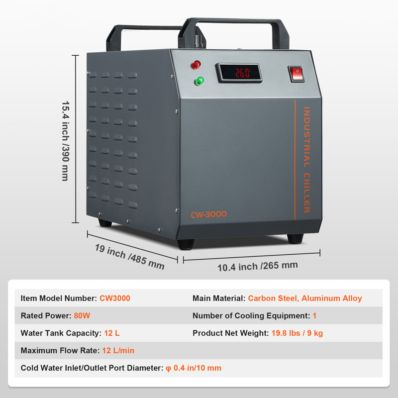 Refroidisseur d'eau industriel VEVOR, refroidisseur d'eau industriel refroidi à l'air 80W CW-3000