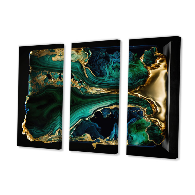 Abstract Geode Marble Green and Blue I - 3 pièces sur toile tendue, H 28 po x l 36 po x P 1 po