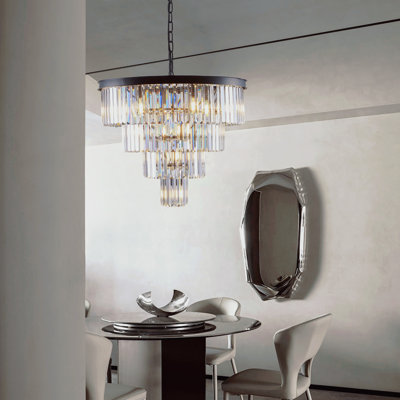 Luminaire suspendu moderne en cristal de 24 pouces, plafonnier en cristal noir à quatre couches, convient aux salons, salles à manger ou halls d'entrée (à l'exception des ampoules)