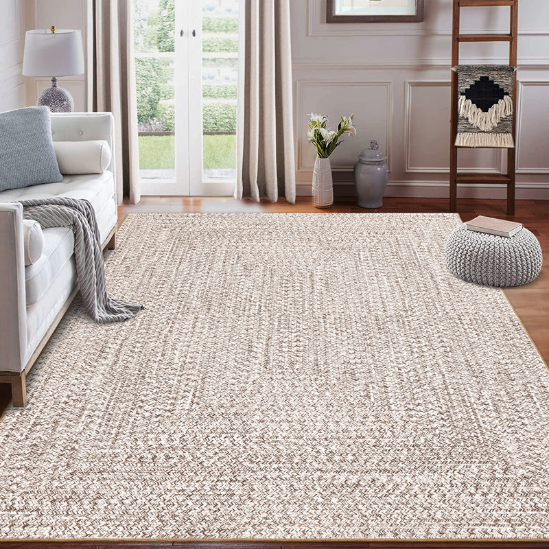 Braided Printed Texture Machine Washable Rug with Rubber Backing for Living Room Non-Slip Dining Room Rug Easy-Cleaning Floor Carpet for Bedroom