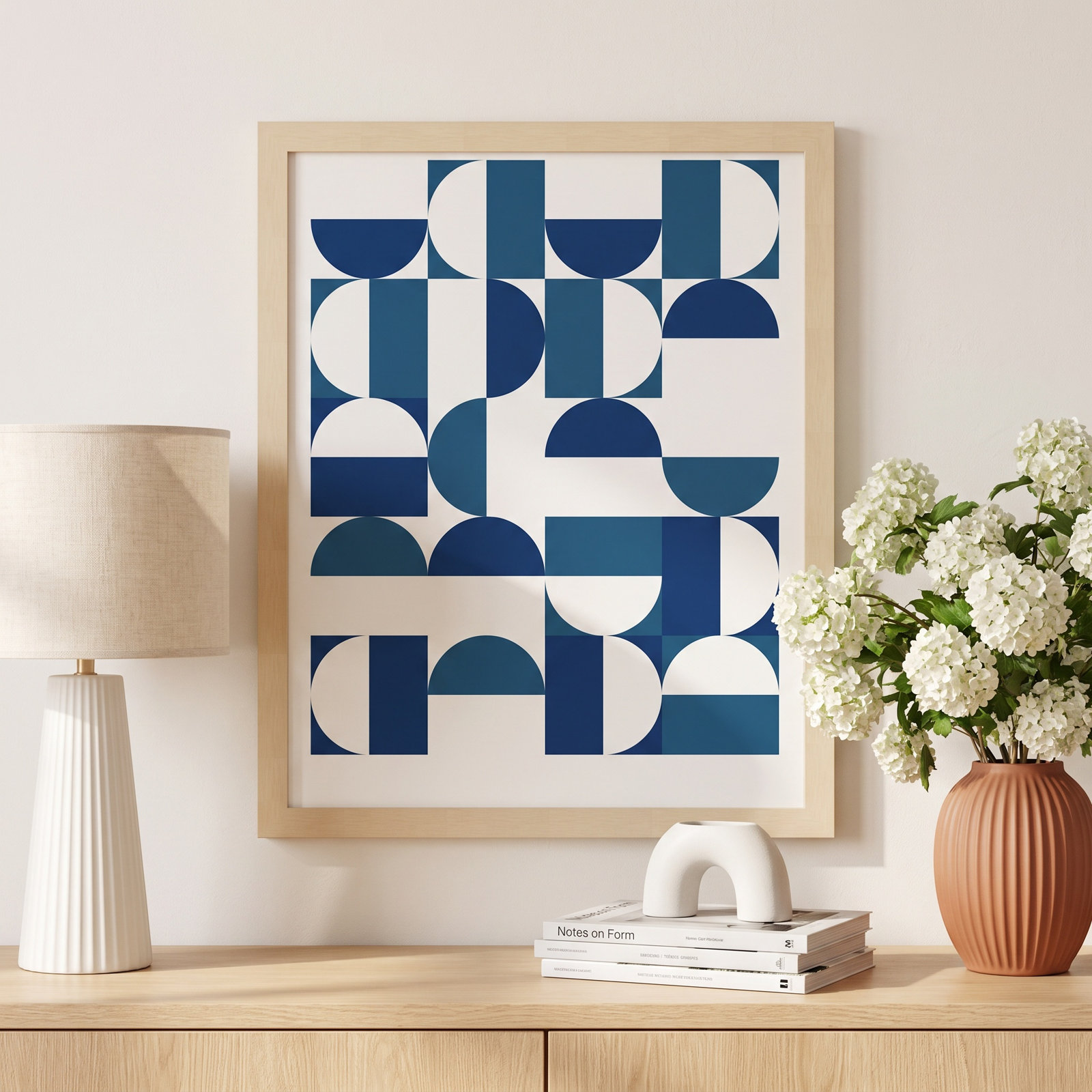 Bauhaus Geometric Blue and Teal Print, 21" H x 17" W x 1" D, Brown