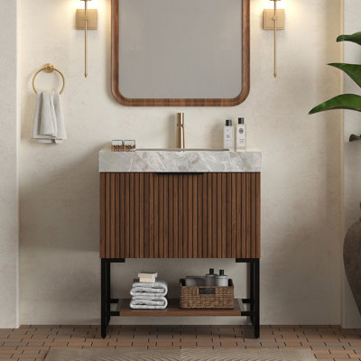 Meuble-lavabo de 30 po avec lavabo, armoire de rangement autoportante en contreplaqué rayé avec tiroir et tablette ouverte, comptoir en pierre frittée gris clair et lavabo en céramique encastré, pré-assemblé