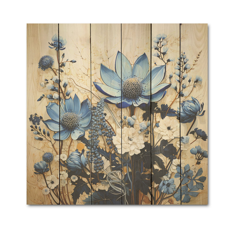 Bouquet de fleurs bleues - Bouquet de fleurs bleues sur fond de pin naturel, H 25 po x l 25 po