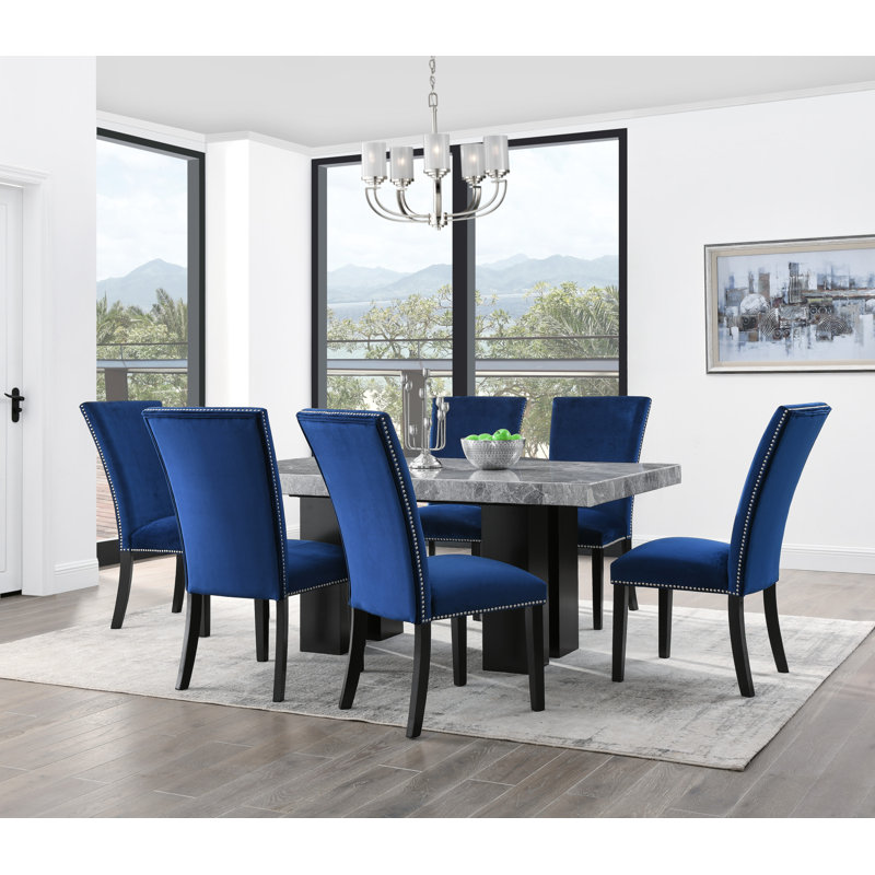 Ensemble de salle à manger Anxhela, 7 pièces : table, 6 chaises, Bleu