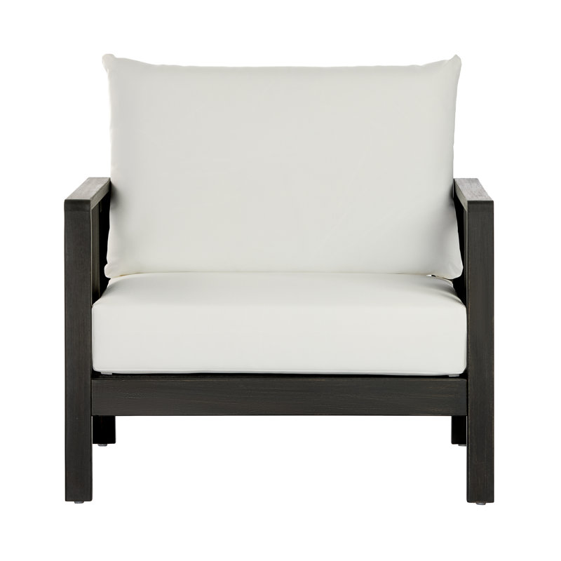 Fauteuil club d'extérieur, structure en bois d'acacia avec accents textilène noir, coussins blancs hydrofuges pour patio / cour arrière / terrasse