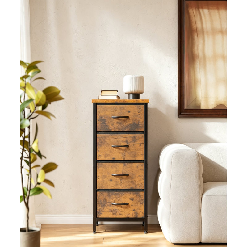 Rustic Brown 4 Drawer Chest of Drawers, 80cm Tall Fabric Bedroom Dresser, Storage Organiser Cabinet for Closet, Living Room & Entryway
