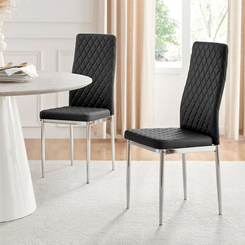 Eubanks Faux Leather Upholstered Metal Leg Dining Chair (Set of 4), Black, Chrome