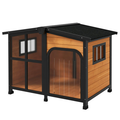 Outside Cabin-Style Wooden Dog House for Large Dogs with Openable Roof & Giant Window, Outdoor & Indoor Big Dog House, Asphalt Roof, Yellow