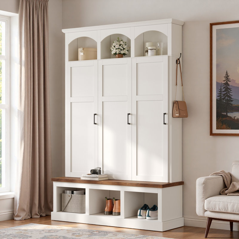 Farmhouse Arched Design Hall Tree With 3 Hidden Storage, 5 Hooks, Compartments Amd Bench, White