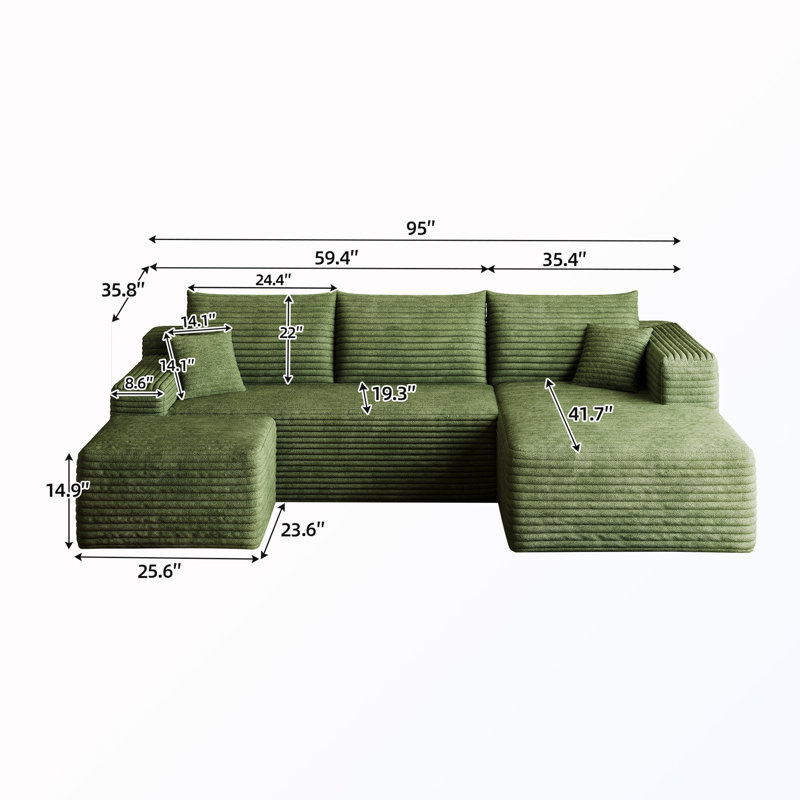 Canapé modulaire rembourré en U avec repose-pieds, Green Corduroy, Right Hand Facing