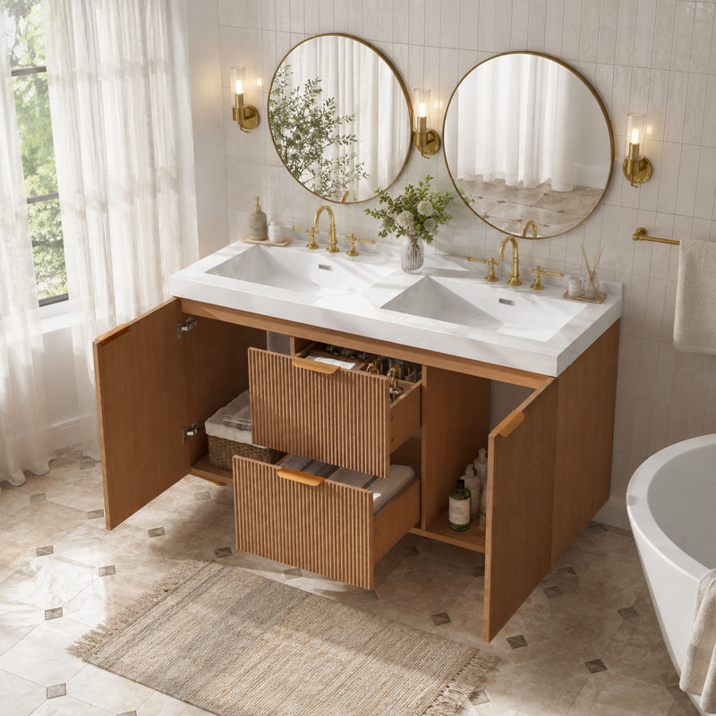 Meuble-lavabo suspendu de 120 cm (47,24 po) de largeur, aspect bois, avec tiroirs compartimentés et double comptoir en SMC