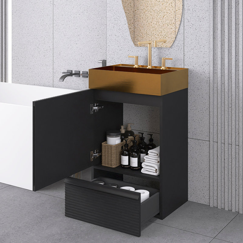 20" Freestanding Bathroom Vanity In Black With Integrated Brushed Gold 304 Stainless Steel Sink Top, Black