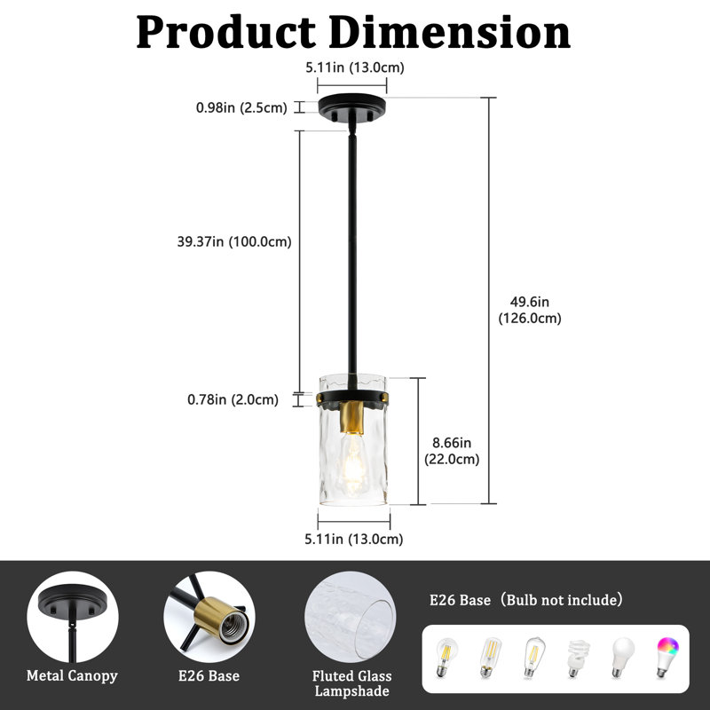  Levona 1 - Light 5.1" Wide Pendant with Hammered Glass for Kitchen Island, Black/Gold