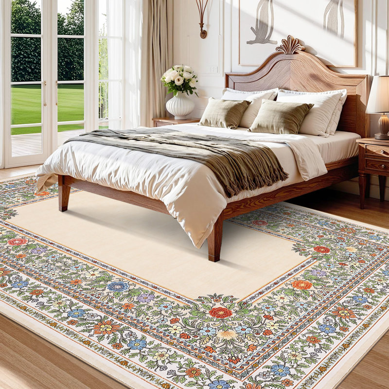 Floral Rug for Bedroom  Washable Area Rugs for Living Room Non Slip Thin, Soft Throw Carpet for Nursery, Kids Playroom, Classroom, Home Office Decor