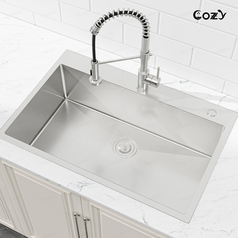 Évier de cuisine en acier inoxydable, 33 po x 22 po, lavabo sur pied fait à la main en gris foncé, avec drain et crochet standards américains