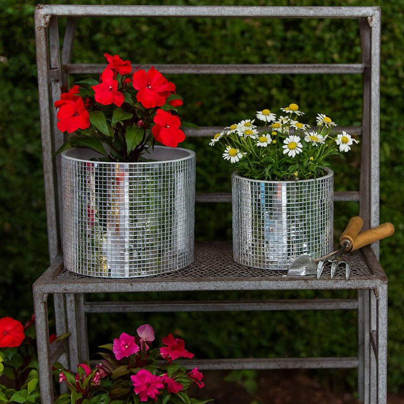 Sagebrook Home Elegant Silver Ceramic Disco Planter, 2-Pieces