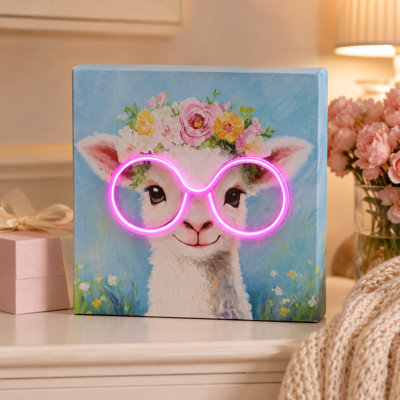 Cute Animal Neon Wall Art Canvas Kawaii Desk Decor & Cozy Room Decor Battery Operated LED Light Up Painting 6H Timer Aesthetic Night Light Picture for Bedroom Perfect Gift for Teen Girls Frameless Glowing Art 7.9"x7.9"x1.6"