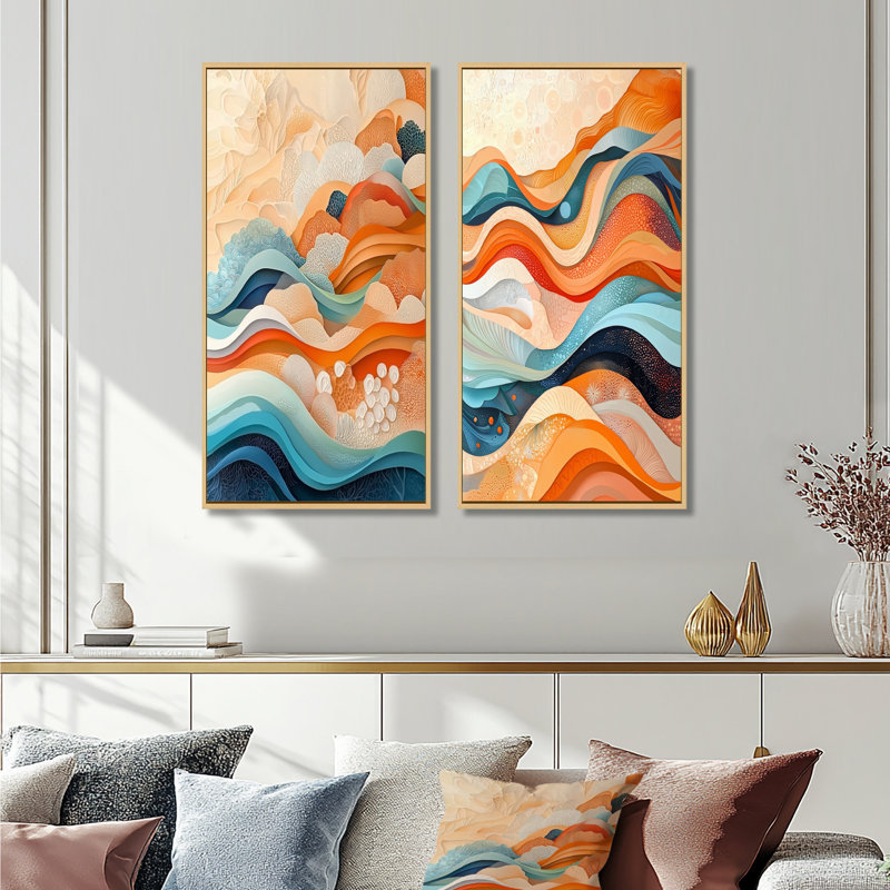 Orange Transitional Spriral Oceanic Waves I - Abstract Wall Decor 2 Panels, 40" H x 41" W, Cream Floater Framed