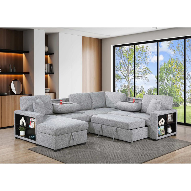 Canapé modulaire avec méridienne avec rangement et canapé-lit, Polyester gris