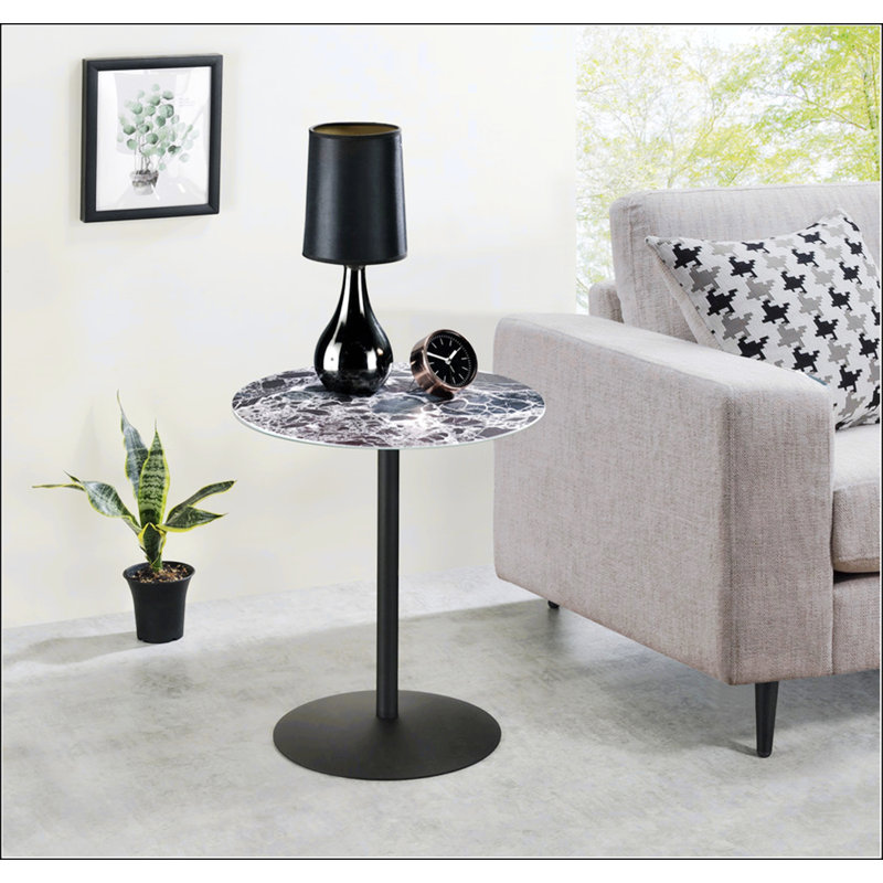 Orfeo 15.5 Inch Wide End Table With Adjustable Height And  Marble Textured Top,  For Modern And Versatile Spaces, Black