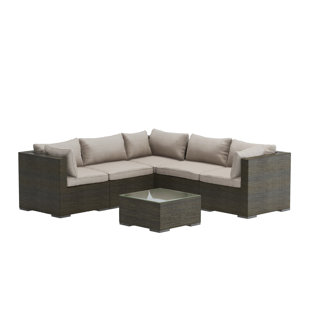 Patio Sense Sino Wicker Sofa Set Includes five Wicker Seats & A Glass Top Table- Gray Wicker Finish