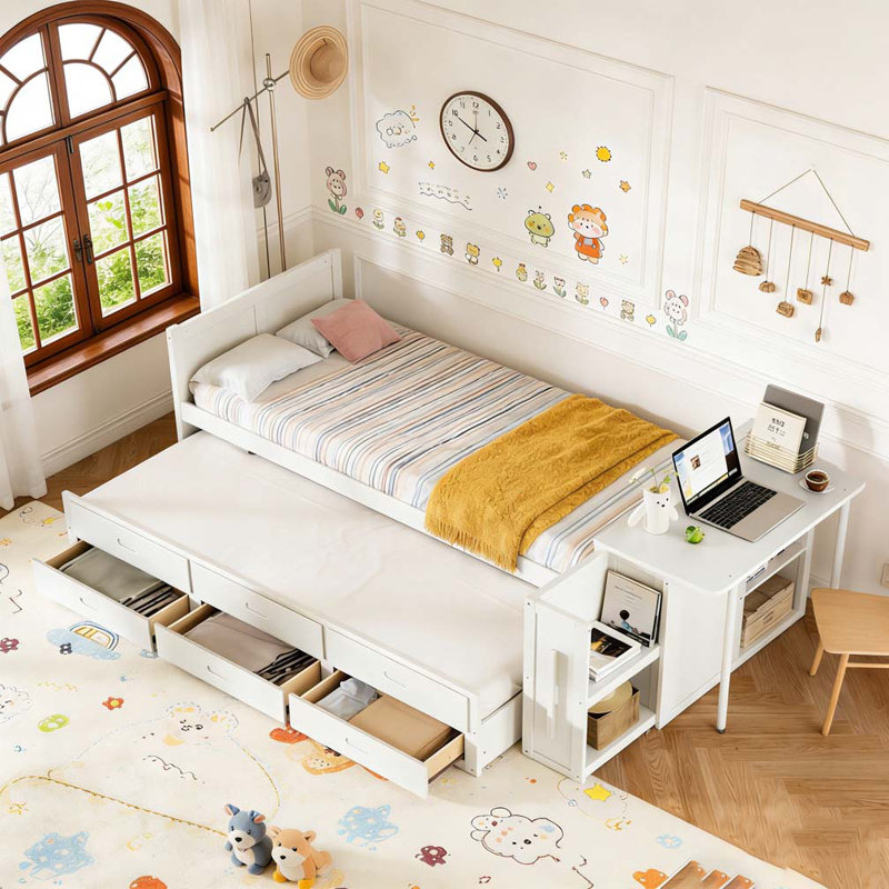 Lit plateforme simple en bois multifonctionnel avec bureau et tablette de rangement au bout du lit, Blanc