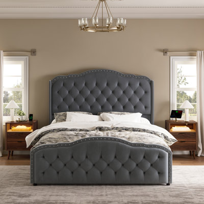 Ensemble de chambre à coucher 3 pièces, lit tapissier avec 4 tiroirs et table de chevet 2 vagues Larimore
