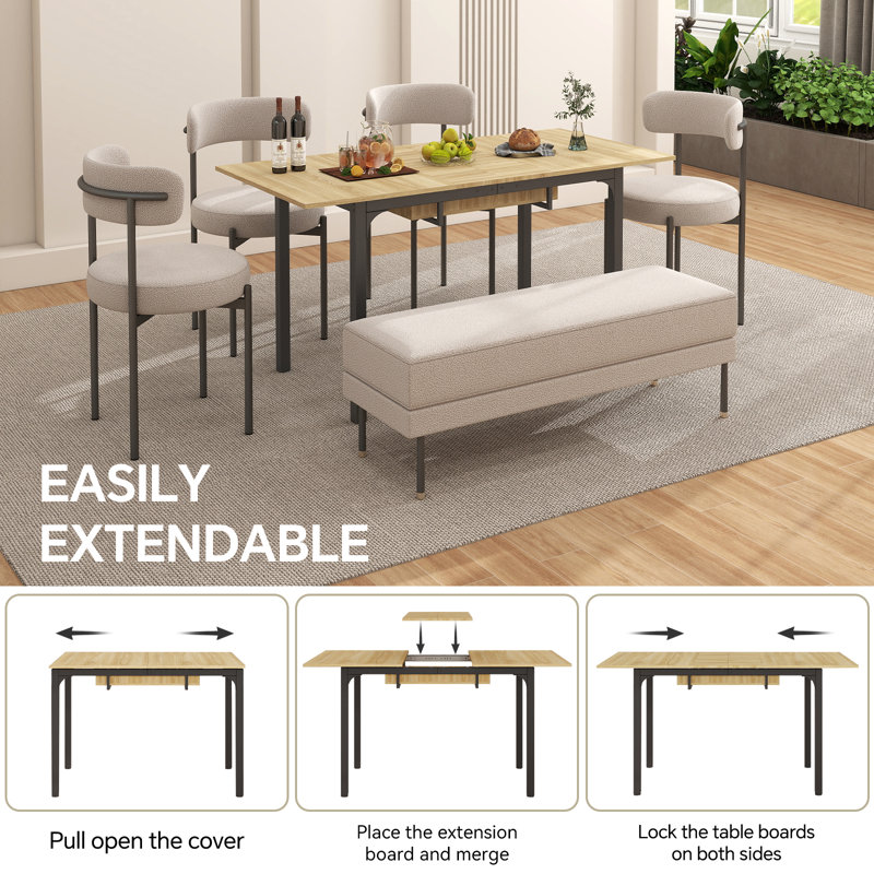 Extendable Antke Dining Table With 110-150cm Tabletop, Kitchen Wood Desk With 4-8 Seats, Space Saving, Beige, 110-150cm