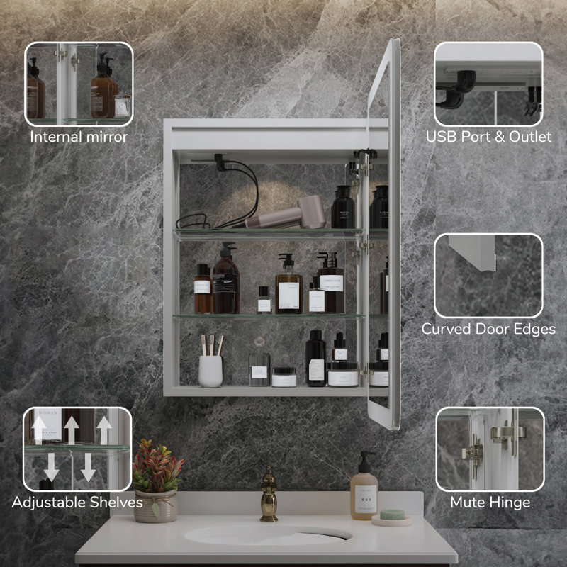 Horatius 24'' W x 30'' H LED Medicine Cabinet with Mirror, ETL Listed, Dimmable Lights, Anti-Fog Defogger, Adjustable Shelves, Extra-Large Storage, Rounded Edge, Recessed or Surface Mount, Frameless Design