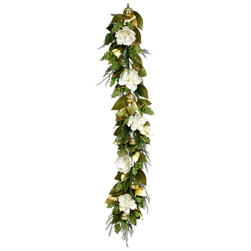 Guirlande scintillante de magnolia - 72 pouces, Blanc / Vert / Or