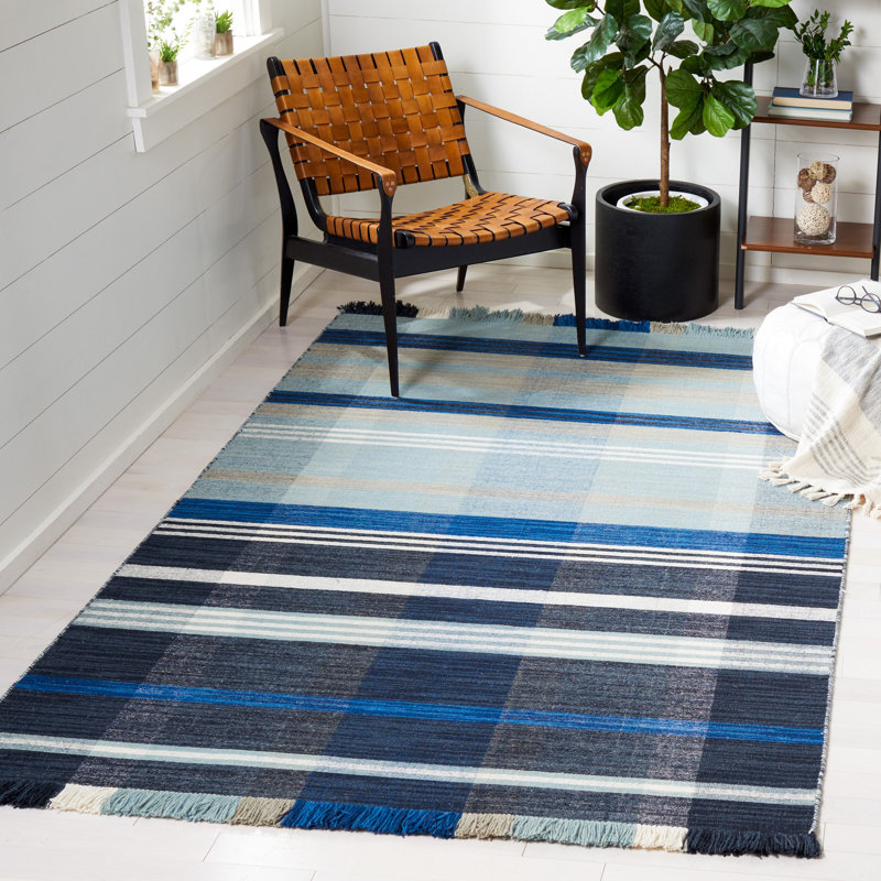 Anjail Flat Weave Wool/Cotton Plaid Rug in Black/Blue, Rectangle 6' x 9'
