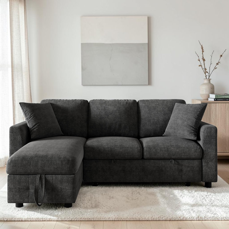Chenille L-Shaped Sectional Sofa with 1 Storage Chaise Lounges, 2 Square Cushions, Grey Corduroy