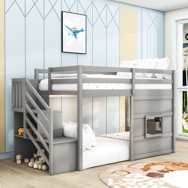 Lit mezzanine simple en bois avec escalier de rangement, éclairage DEL et conception de fenêtre ludique, Gris
