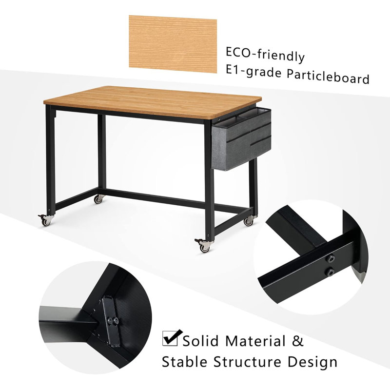 39" Rolling Computer Desk With 4 Smooth Wheels, Simple Style Mobile Writing Desk Home Office Study Table Movable Workstation With Metal Frame