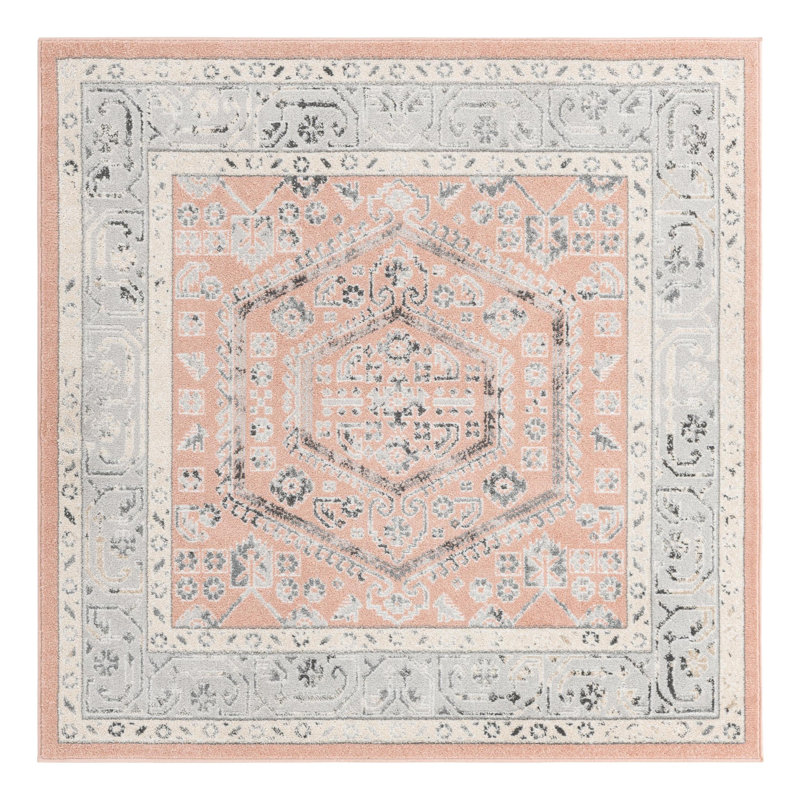 Tapis oriental rose / gris / blanc cassé Edson, Carré 6 pi