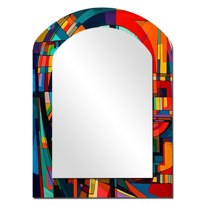Orange Forces In Motion - Geometric Arch Large Mirror, Modern Asymmetrical Unique Wall Mirror Decor, Printed Metal Art