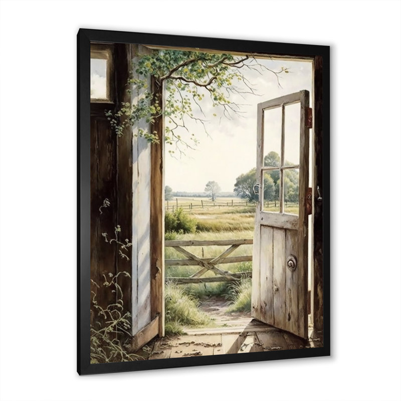 «View From A Cottage Country Door II - Farm Landscape», art mural, H 40 po x l 30 po, Cadre photo noir