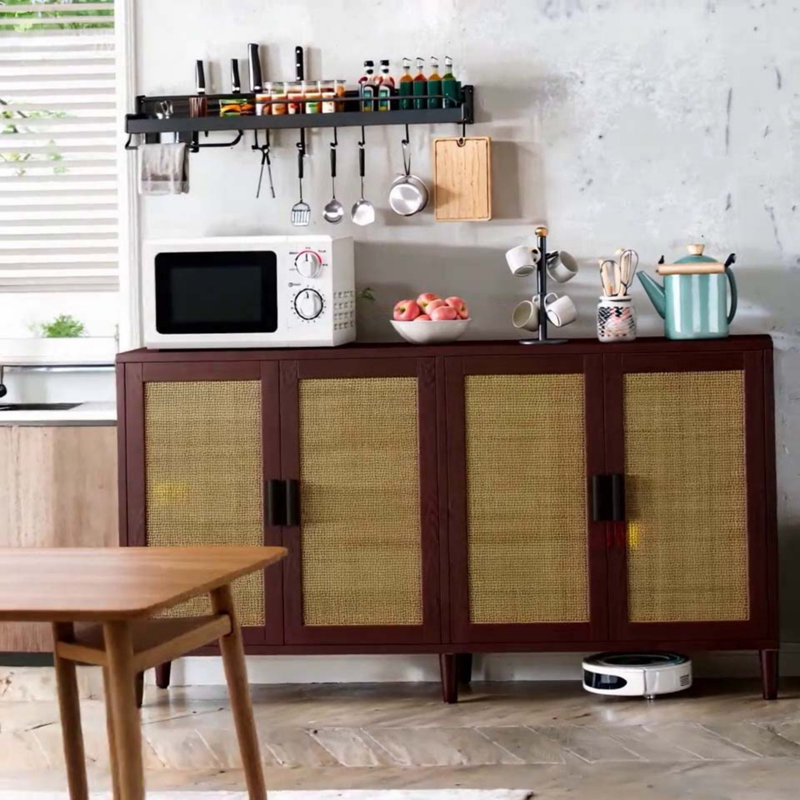 70" Rattan Buffet Cabinet With Storage, Black