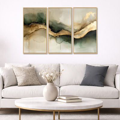 Abstract Liquid Ink Divide Fight Of Emerald II - Liquid Ink Canvas Wall Art - 3 Panels