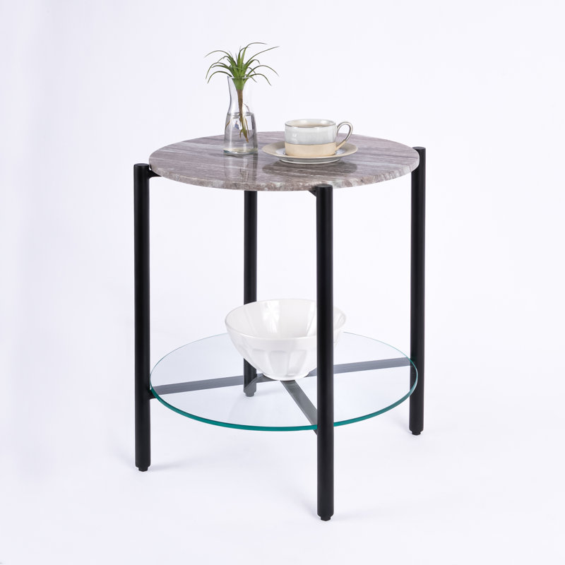 Ansted Marble/Glass Top End Table with Storage, Black, Brown