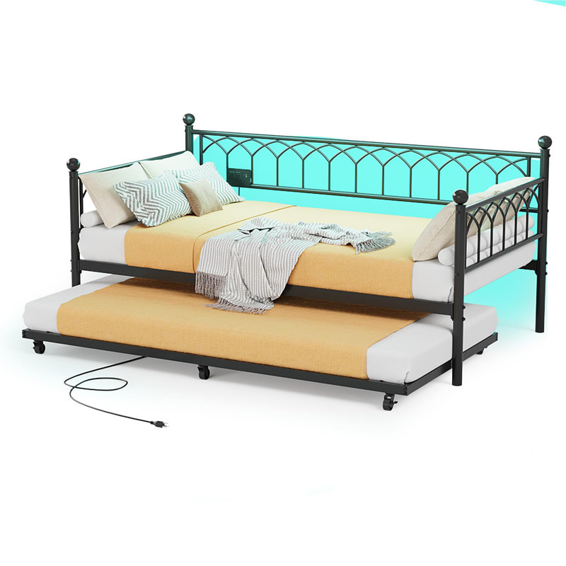 Twin Daybed With Trundle, Day Bed With Charging Station & LED Lights, Black