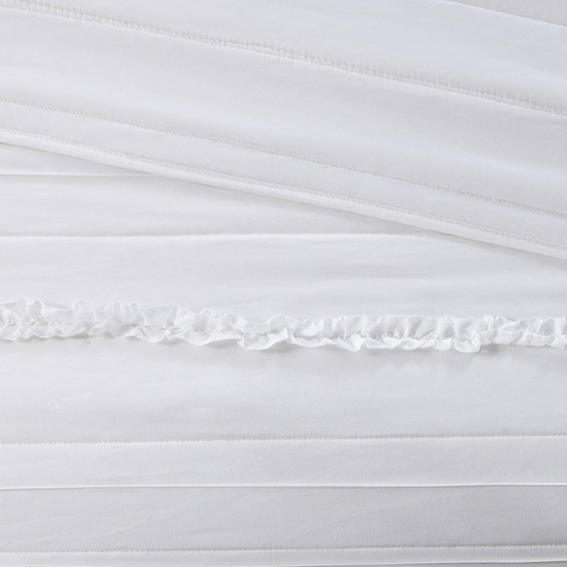 Courtepointe en microfibre à motif de volants 4 pièces blanc très grand / très grand avec coussin décoratif - réversible en mélange de coton, avec volant décoratif