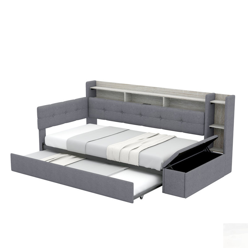 Lit de jour rembourré avec rangement, lit gigogne, charge USB et lumière DEL, Twin, Grey