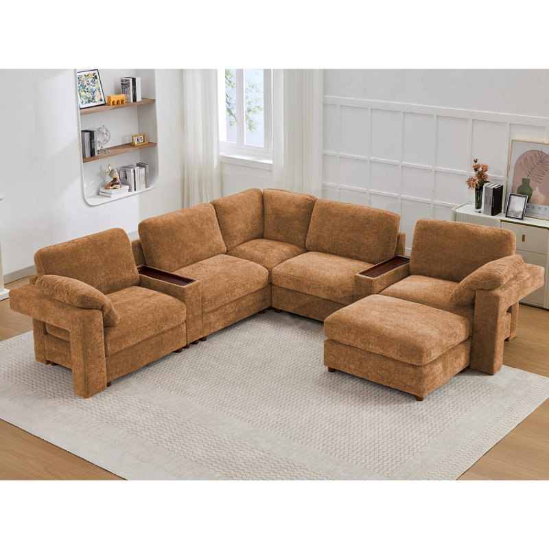 6 - Piece Teddy Corner Sectional Sofa, 5-Seater Modular Couch with 1 Ottoman and 2 Storage Side Tables, Orange Teddy